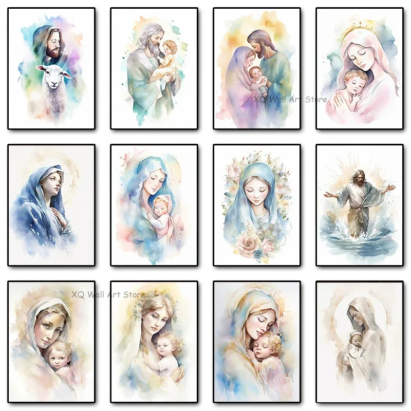 

Watercolor Virgin Mary Jesus Christ Portrait HD Poster Canvas Painting And Print Catholic Religion Wall Art For Room Home Decor