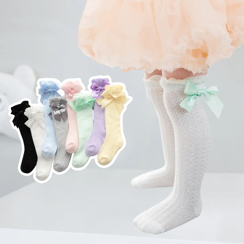 

COBCO Baby Girl Socks Toddler Big Bow Cotton Summer Mesh Baby Knee Socks Newborn Infant Bow-knot Long Kids Princess Socks 0-3T