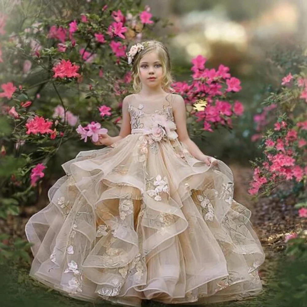

Champagne Flower Girl Dresses with Sash Lace Appliques Custom Made Ball Gown First Communion Dresses for Girls Elegant Hot Sale
