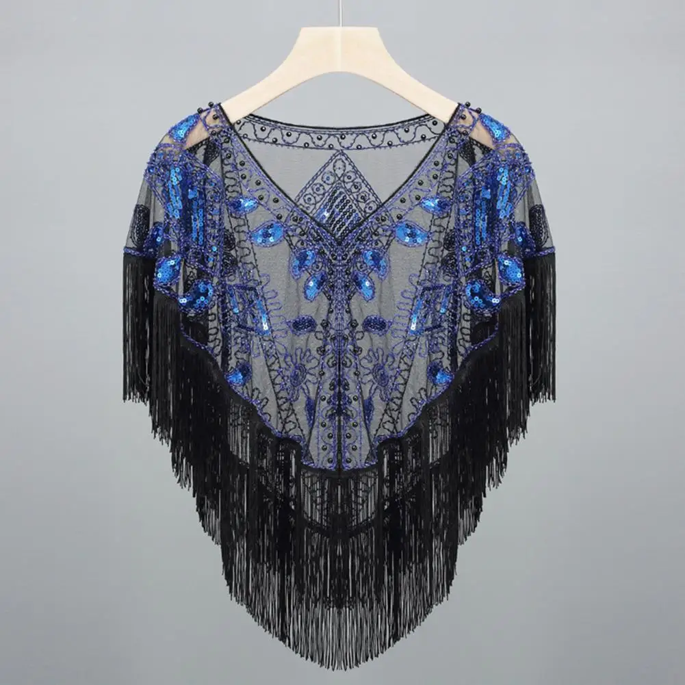 

Women Banquet Shawl 1920s Women's Sequined Shawl Tassel Fringe Beaded Faux Pearl Sheer Mesh Wrap Cape V Neck See-through Cover