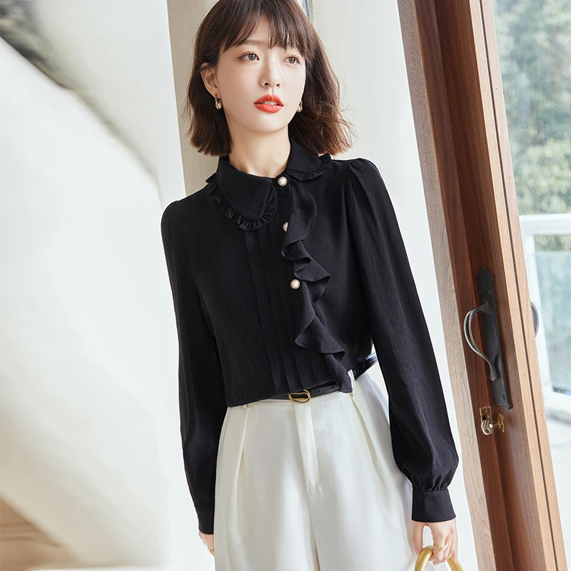 

Women Tops Autumn 2022 Diagonal Collar Ruffle Long Sleeve Black Shirt Office Lady Elegant French Style Loose White Blouse D1800