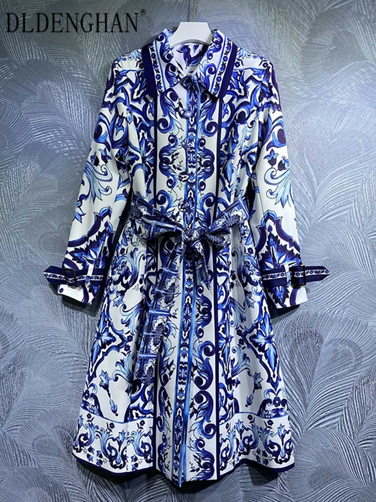 

DLDENGHAN Women Trench Coats Long Sleeve Belt Blue And White Porcelain Print Vintage Outwear Fashion Designer Autumn New