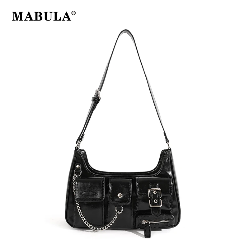 

MABULA Women Rock Hobo Shoulder Bag Vintage Vegant Leather Underarm Purse Multi Pockets Classical Black Sling Travel Handbag