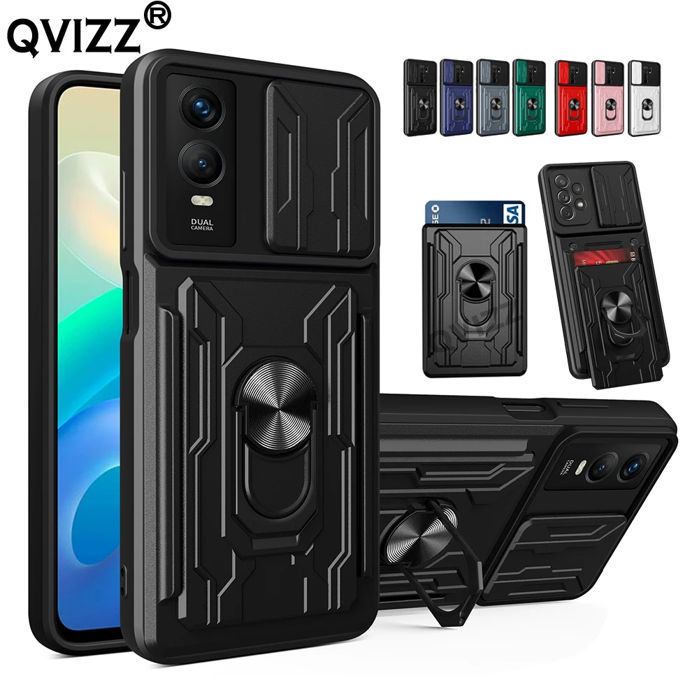 

Slide Camera Case for vivo Y76s Y 76s Card Slot Pocket Car Magnetic Ring Holder Luxury Shockproof Phone Cover vivoY76s V2156A