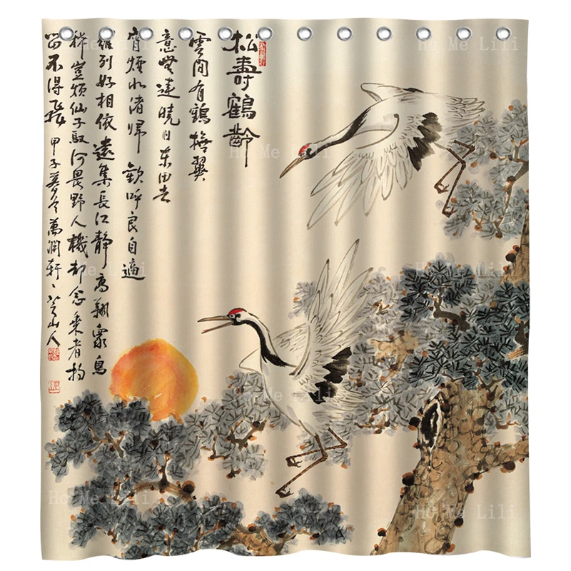 

Traditional Asian Painting Chinese Crane Flying Birds Flowers And Pine Trees Shower Curtains By Ho Me Lili