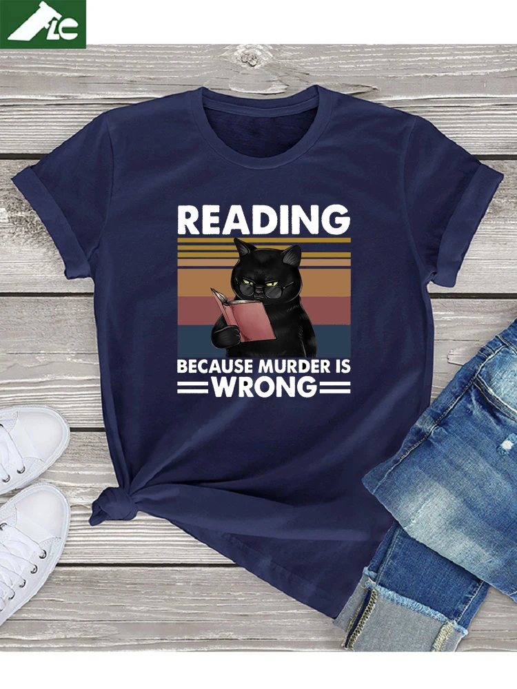 Funny Brand T Shirt For Women Black Cat Reading Because Murder Is Wrong Kawaii Women Clothing Summer Unisex Cat Graphic Top Tees
Funny Brand T Shirt For Women Black Cat Reading Because Murder Is Wrong Kawaii Women Clothing Summer Unisex Cat Graphic Top Tees