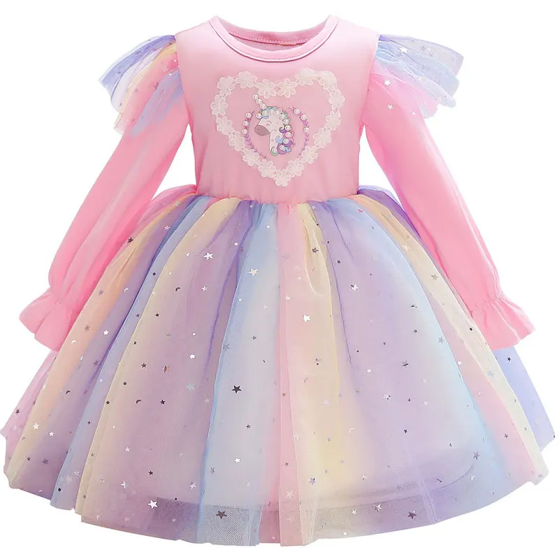 

Long Sleeves Girl Dress Cotton Kids Dresses Rainbow Organza Mesh Net Skirt Robe Princesse Fille Sequined Beading Kleider Mädchen
