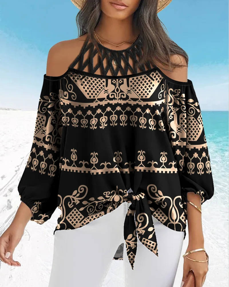 Women Shirt Geometric Printing National Wind Seaside Long Sleeve Round Neck Pullover With Hollow Black T-shirt Shirt In Spring
Women Shirt Geometric Printing National Wind Seaside Long Sleeve Round Neck Pullover With Hollow Black T-shirt Shirt In Spring