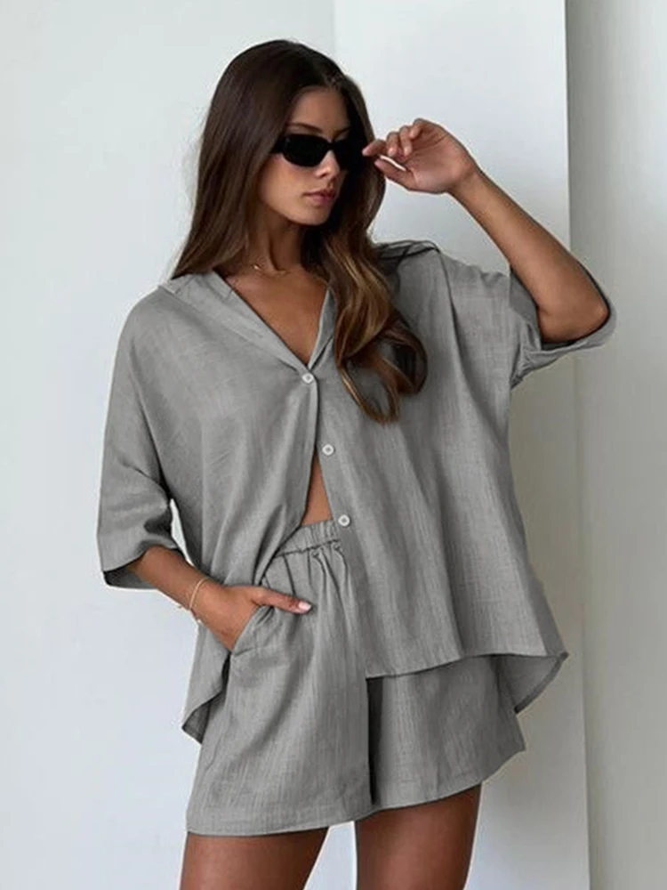 

Hiloc Grey Single-Breasted New In Women's Sleepwear Lapel Cotton Pajamas For Women High Waist Three Quarter Sleeve Loungewear