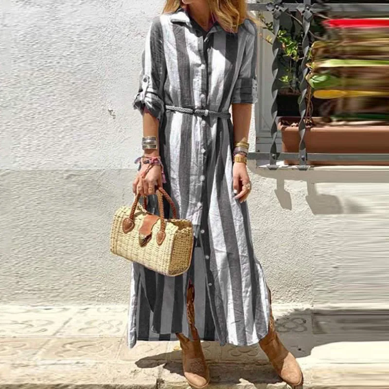 Women Lapel Striped Print Loose Dresses Autumn Casual Long Sleeve Office Shirt Dress Elegant Harajuku Single-Breasted Long Dress
Women Lapel Striped Print Loose Dresses Autumn Casual Long Sleeve Office Shirt Dress Elegant Harajuku Single-Breasted Long Dress