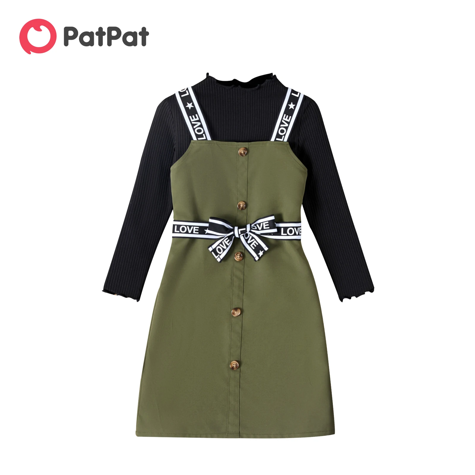 

PatPat 2pcs Kid Girl Dress Mock Neck Lettuce Trim Long-sleeve Black Tee and Letter Print Green Overall Dresses Sets