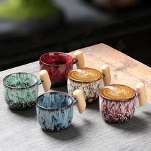1pcs Ceramic Coffee Cup With Wooden Handle Latte Pottery Mug Afternoon Tea Ceramic Mug Breakfast Milk Cup Custom Logo Wholesale