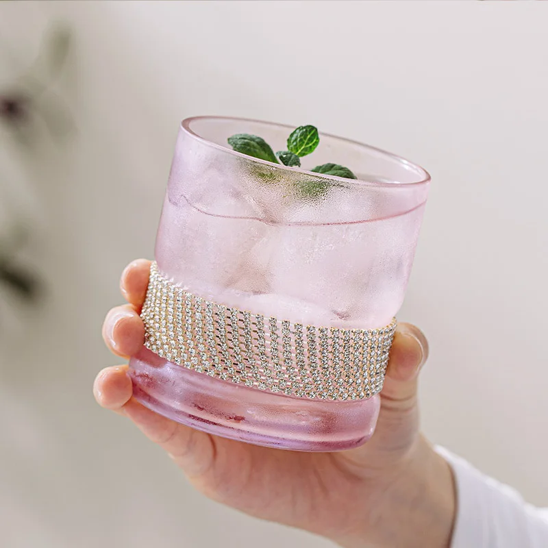 

Luxury fashion pink color lead-free crystal whiskey glass cup diamond style barware wine glass mug for Liquor Scotch Bourbon