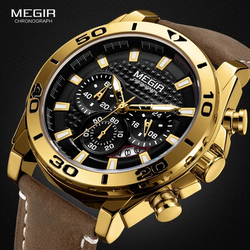 

MEGIR Men's Leather Strap Quartz Watches Waterproof Luminous Army Sports Chronograph Wristwatch Man Relogios Clock 2094 Gold