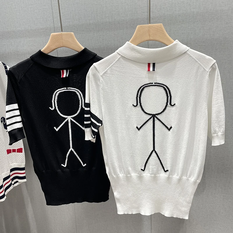 TB Stickman Double-sided Curved Beads Ice Silk Knitted T-shirt Female Foreign Style Lapel Knitted Sweater Top Summer POLO 
TB Stickman Double-sided Curved Beads Ice Silk Knitted T-shirt Female Foreign Style Lapel Knitted Sweater Top Summer POLO