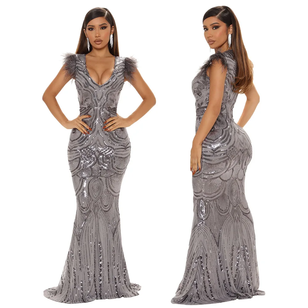 Women Elegant Sequined Feather Party Dress Square Collar Sleeveless Evening Dress Fashion Sexy Slim Waist Mermaid Formal Dresses
Women Elegant Sequined Feather Party Dress Square Collar Sleeveless Evening Dress Fashion Sexy Slim Waist Mermaid Formal Dresses