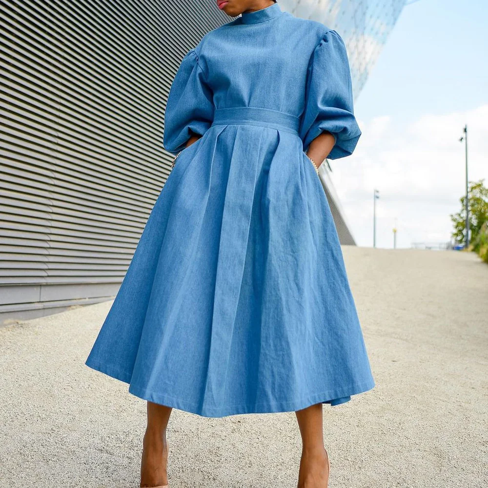 2022 New Dress Temperament Commuter Blue Medium Skirt High Waist Bubble Sleeve Dress
2022 New Dress Temperament Commuter Blue Medium Skirt High Waist Bubble Sleeve Dress