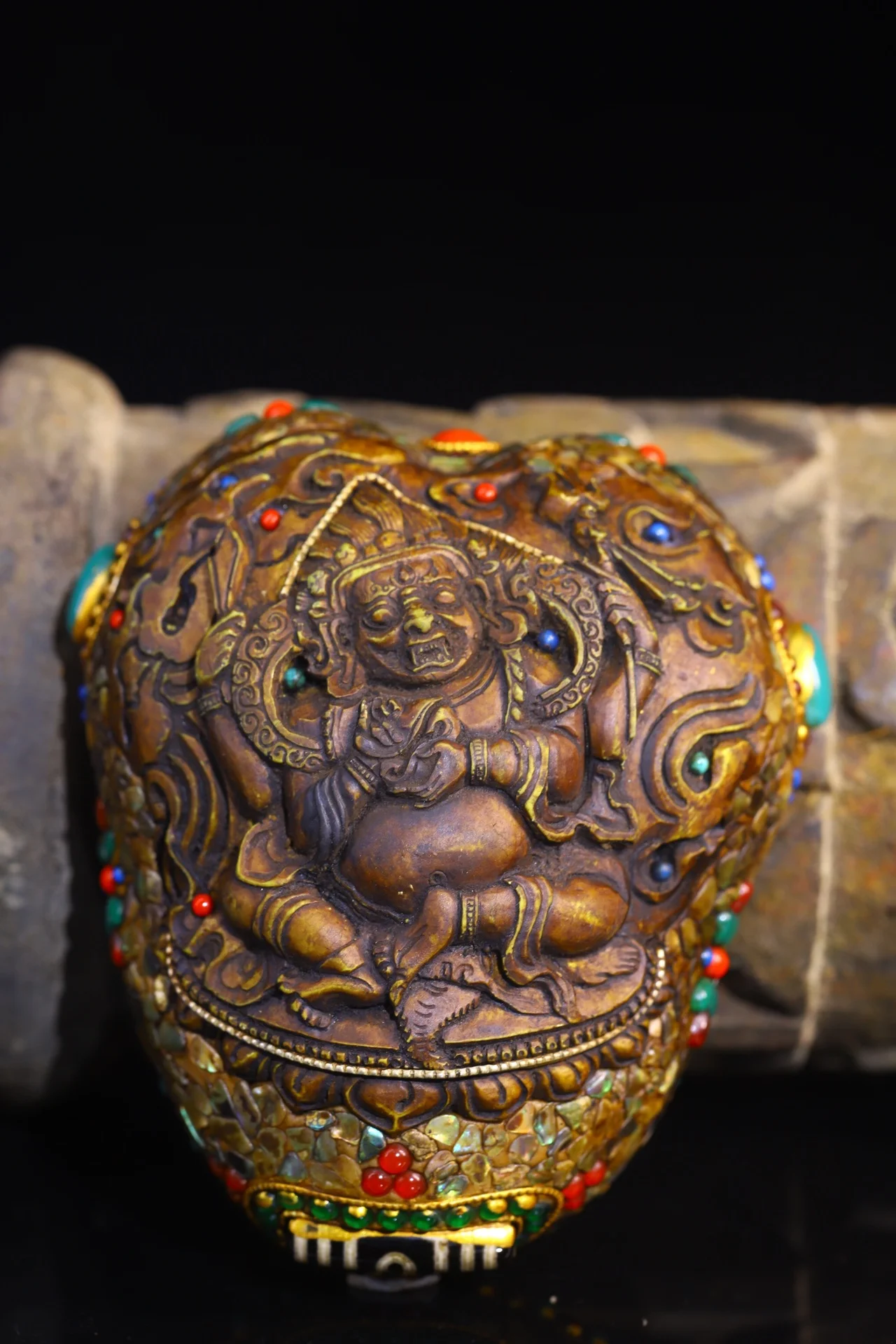 4"Tibet Temple Collection Old Gabbra Tibetan Mosaic Gem gZi Beads Shell Four arms Mahakala Kapala Gabbra Bowl Amulet Dharma
4"Tibet Temple Collection Old Gabbra Tibetan Mosaic Gem gZi Beads Shell Four arms Mahakala Kapala Gabbra Bowl Amulet Dharma