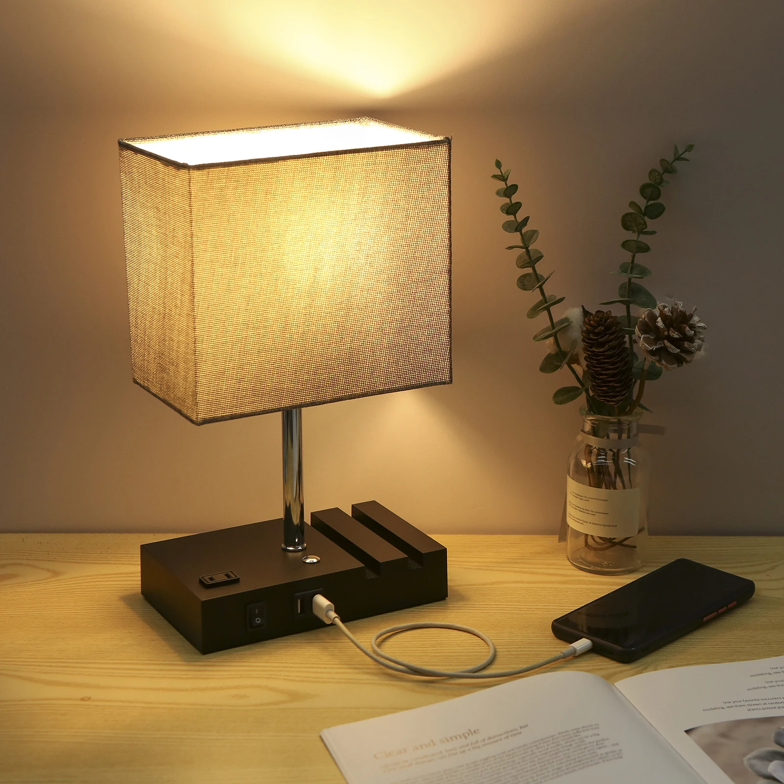 

AC110-130V Touching Control Table Lamp with 2 USB Ports and One-outlet 3-Way Dimmable Bedside Nightstand Light for Bedrooms