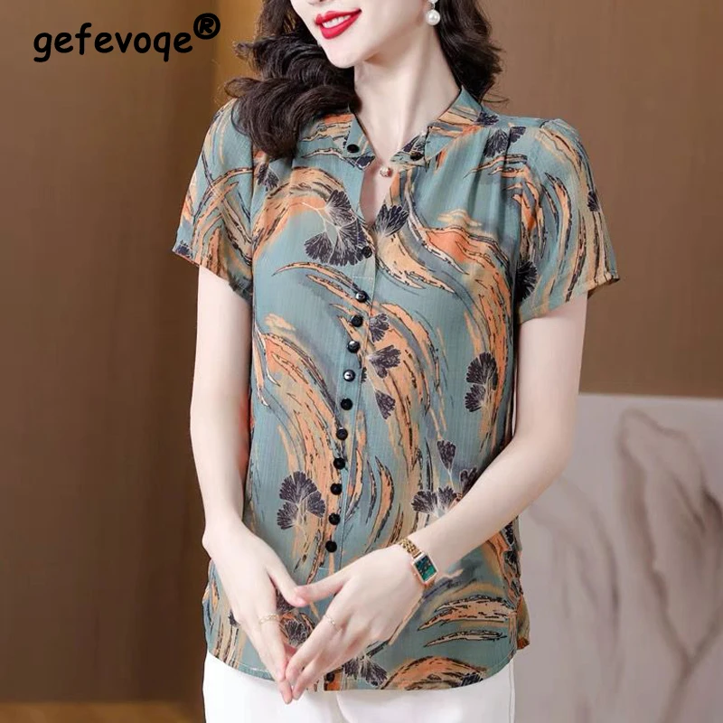 Women's Clothing Korean Fashion Vintage Print Elegant Button Up Shirt Summer V Neck Short Sleeve Blouse Cotton Linen Tops Blusas
Women's Clothing Korean Fashion Vintage Print Elegant Button Up Shirt Summer V Neck Short Sleeve Blouse Cotton Linen Tops Blusas