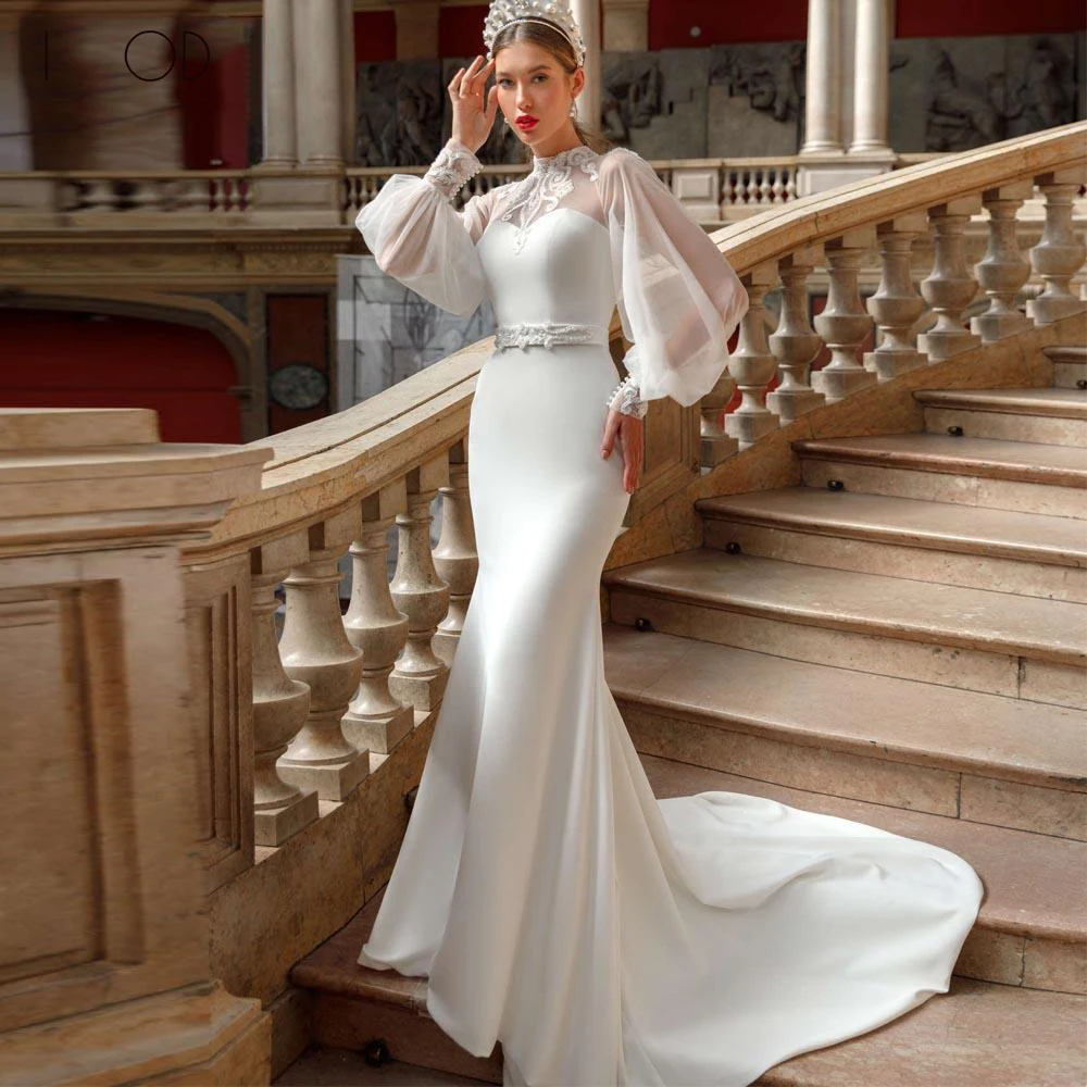 

Женское атласное свадебное платье TIXLEAR, элегантное платье невесты с поясом с буффами на рукавах, круглым вырезом, пляжное платье невесты со ...