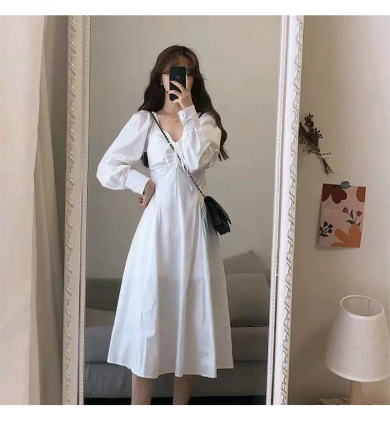 Simple Summer White Dress Sweet Cute Women V Neck Lace Up Solid Colors Fairy Dress Cottagecore Frencn Bandage Long Sleeve Dress
Simple Summer White Dress Sweet Cute Women V Neck Lace Up Solid Colors Fairy Dress Cottagecore Frencn Bandage Long Sleeve Dress