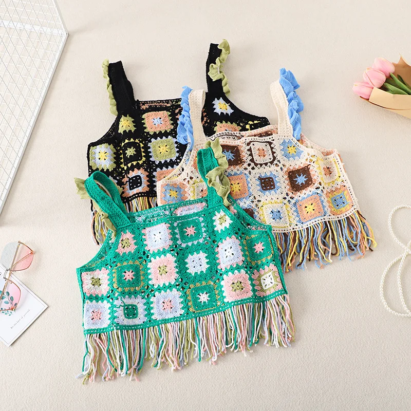 Literary Retro Contrast Color Plaid Short Camisole Hot Girl Sexy Knitted Tank Tops Hollow Out Bohemian Knitting Tassel Vest
Literary Retro Contrast Color Plaid Short Camisole Hot Girl Sexy Knitted Tank Tops Hollow Out Bohemian Knitting Tassel Vest