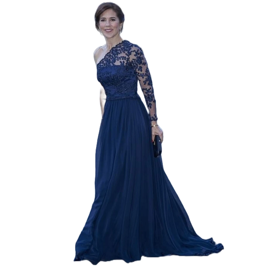 

Navy Mother of the Bride Gown Single One Shoulder Lace Overlay Bodice Flowing Chiffon Skirt Perfect for Evening and Formal Event