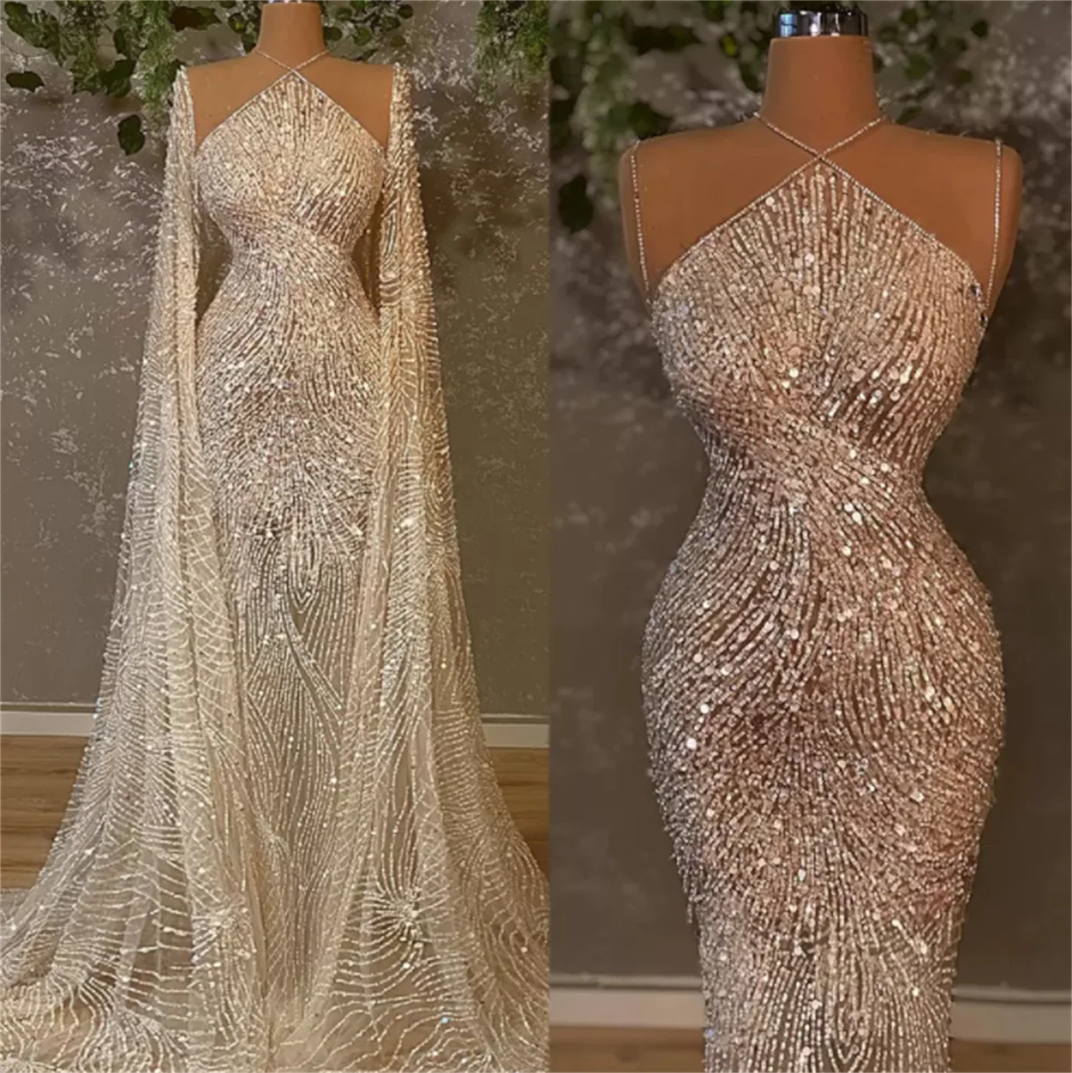 

Sparkly Sequined Mermaid Wedding Dress With Wrap Illusion Bling Dubai Princess Turkish Couture Abendkleider Robe De Soiree 2023