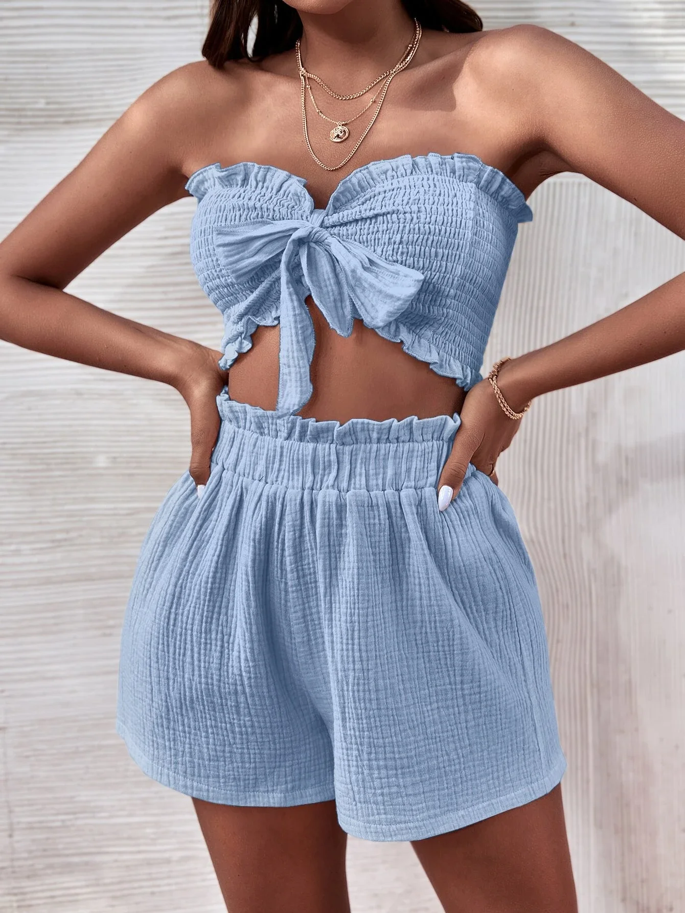 

Shirred Frilled Tie Front Tube Top & Paperbag Waist Shorts
