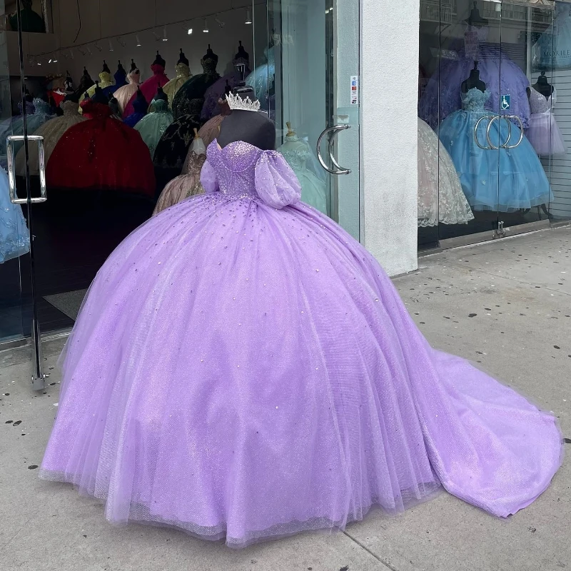 

Luxury Lavender Sweetheart Princess Quinceanera Dresses Beading Crystal Party Dress Tulle Elegent Sweet Vestido De 15 16 Anos