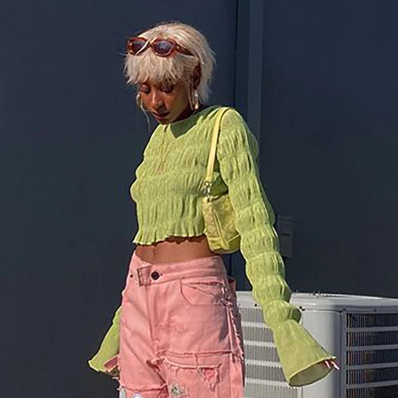 Green Pleated Crop Tops Ruffles Women Y2k O Neck Short T Shirts Long Sleeve All-match Tees Sweet Girl Fashion Casual Streetwear
Green Pleated Crop Tops Ruffles Women Y2k O Neck Short T Shirts Long Sleeve All-match Tees Sweet Girl Fashion Casual Streetwear