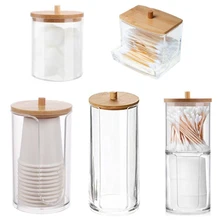 Acrylic Storage Box Bathroom Jar with Bamboo Lid Makeup Organizer Cotton Round Pad Holder Cotton Swab Box Holder Dispenser