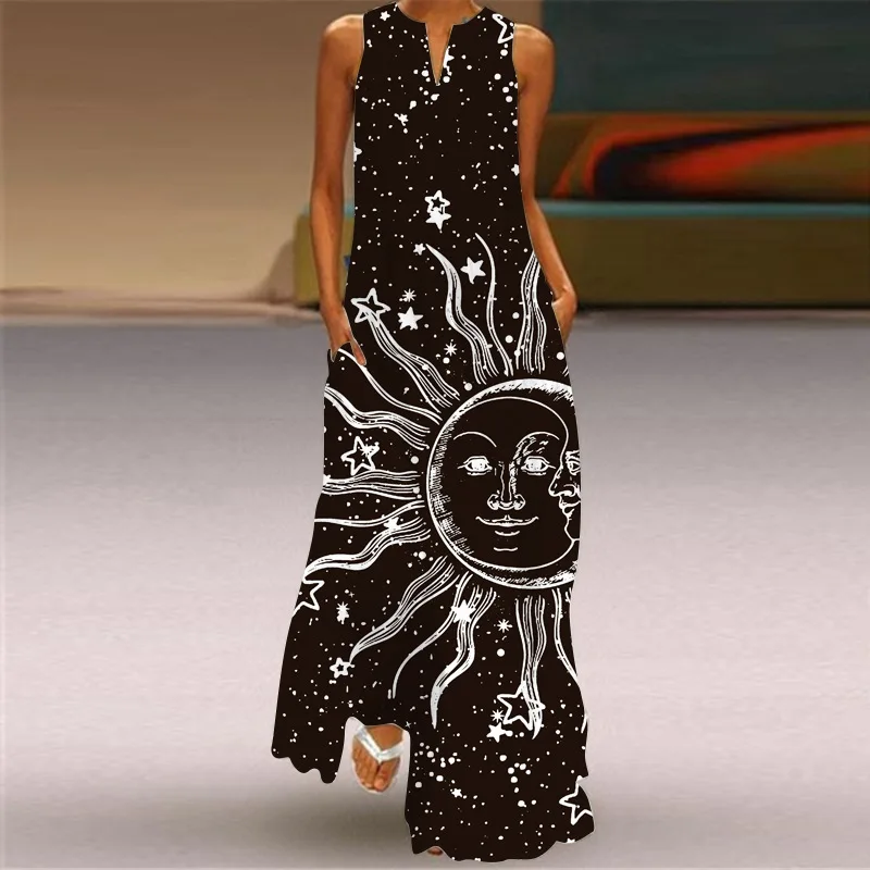 Summer Black Long Dress Beach Casual Holiday Moon Star Print Dresses Woman Elegant Party Sleeveless Loose Maxi Dress Vestidos
Summer Black Long Dress Beach Casual Holiday Moon Star Print Dresses Woman Elegant Party Sleeveless Loose Maxi Dress Vestidos