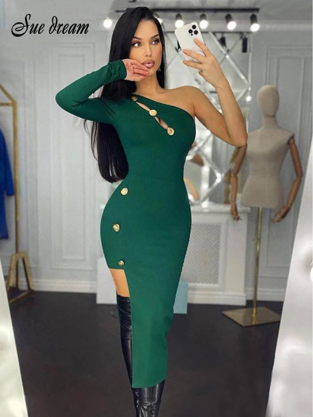 Модное осеннее Бандажное платье на одно плечо для женщин 2022 сексуальное зеленое платье с вырезом на пуговицах с длинным рукавом дизайнерск...
Модное осеннее Бандажное платье на одно плечо для женщин 2022 сексуальное зеленое платье с вырезом на пуговицах с длинным рукавом дизайнерск...