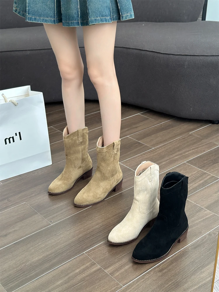 

White Ankle Boots Women Shoes Autumn Boots-Women Chelsea Low Pointy Rubber 2023 Med Ladies Rome Hoof Heels Lace-Up Flock Fabric