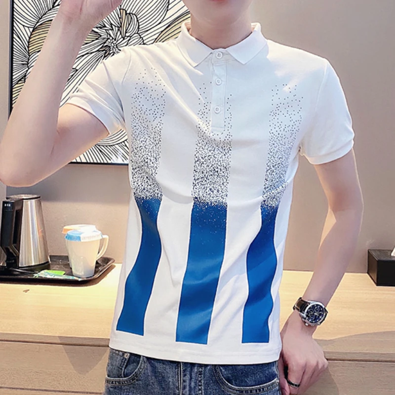 

Korean Stripes POLO Shhirts Men Summer Lapel Short Sleeve T-shirts Slim Casual Business Social Polos Street Wear Tee Tops 2022