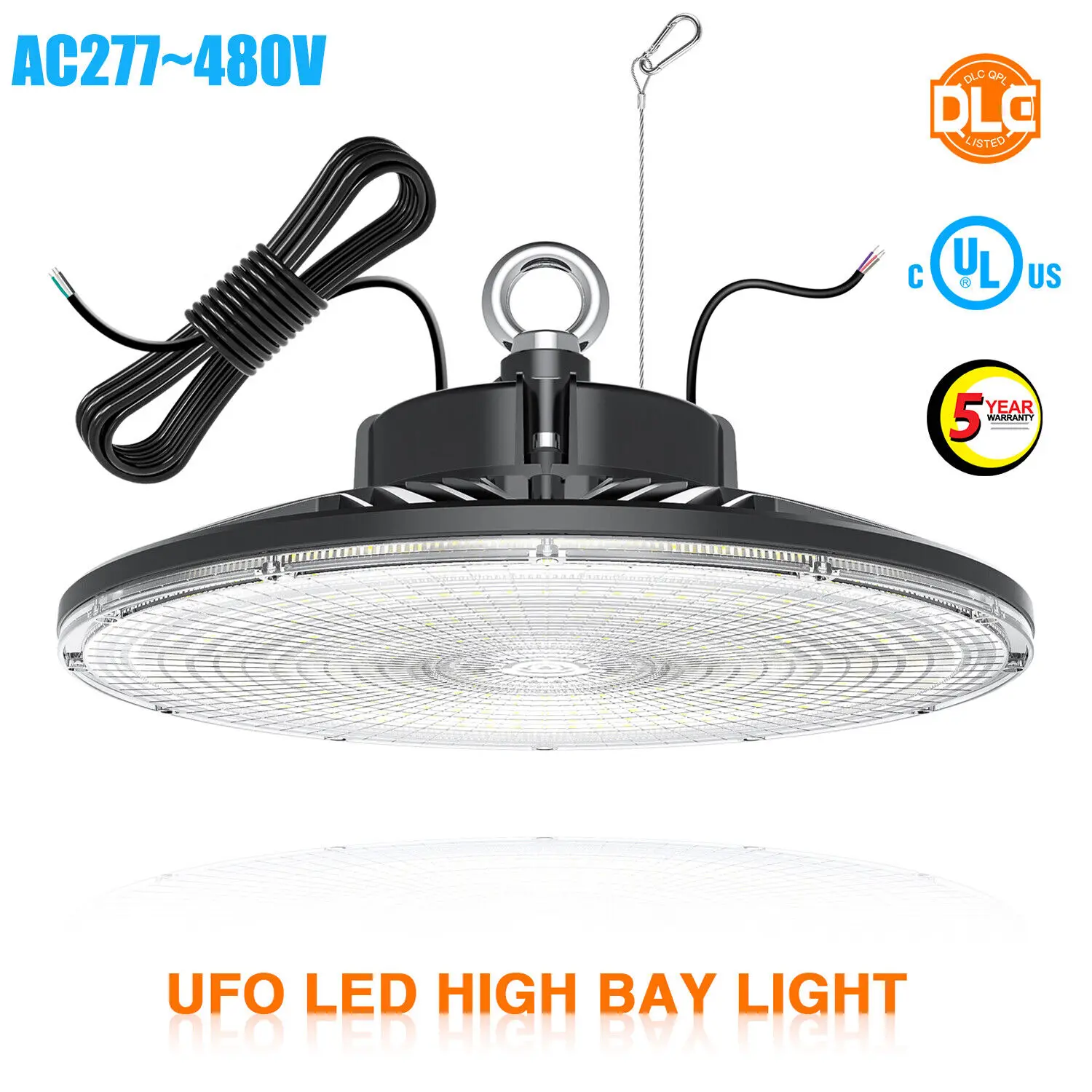 

AC277-480V UFO LED High Bay Light 100W, 150W, 200W, 240W 0-10V Dimmable High Bay LED Shop Lights UL DLC Approved 5000K Daylight
