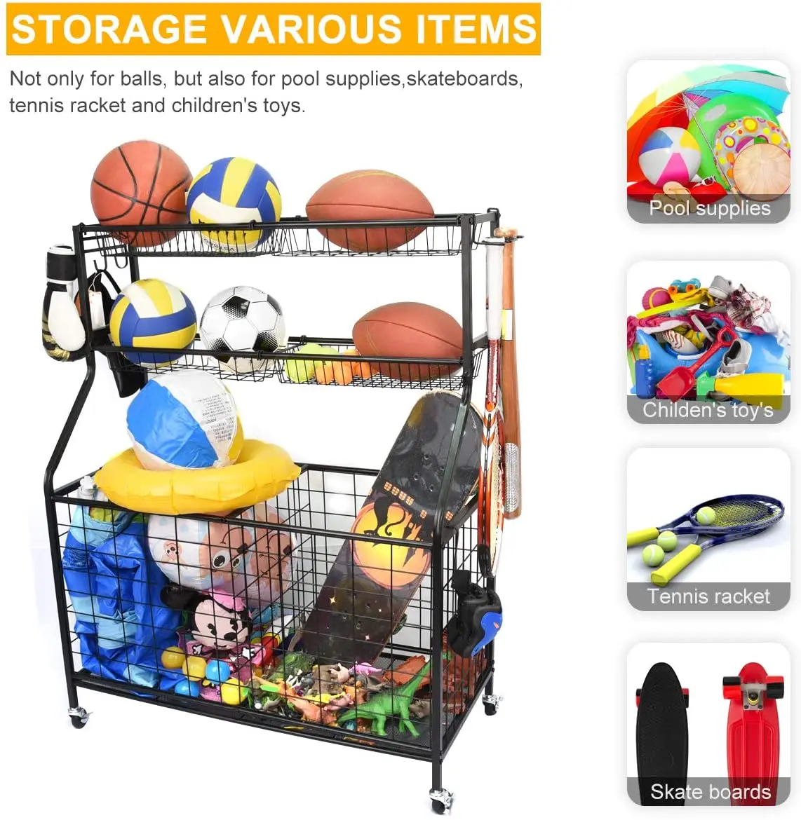 Sports Equipment Ball Storage Rack Sports Gear Storage Garage Organizer with Baskets and Hooks Rolling Sports Ball Storage Cart
Sports Equipment Ball Storage Rack Sports Gear Storage Garage Organizer with Baskets and Hooks Rolling Sports Ball Storage Cart