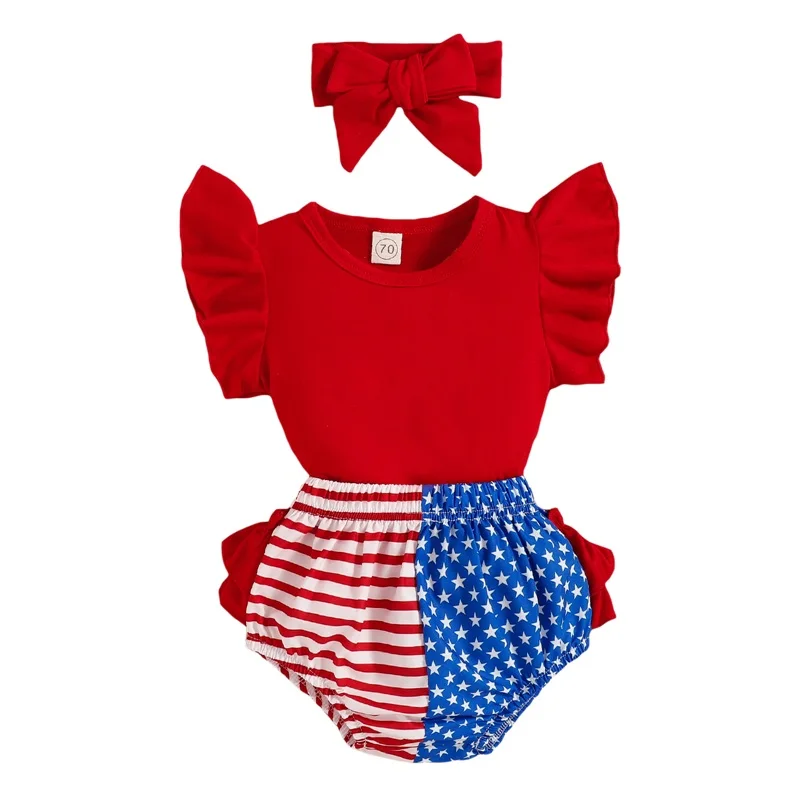 

Independence Day Baby Girls Outfit, Ruffle Sleeve T-Shirt + Printing Pantie + Hairband Set for Toddlers, 0-24 Months