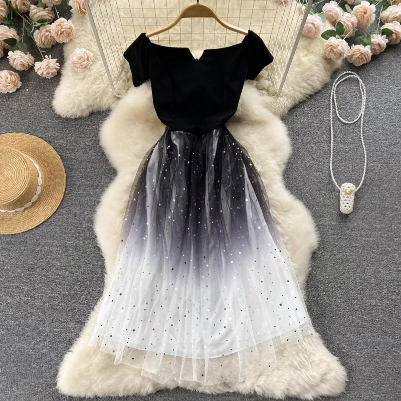 Starry sky gradient one-shoulder evening dress female summer temperament celebrity mid-length ruffled large swing skirt trendy
Starry sky gradient one-shoulder evening dress female summer temperament celebrity mid-length ruffled large swing skirt trendy