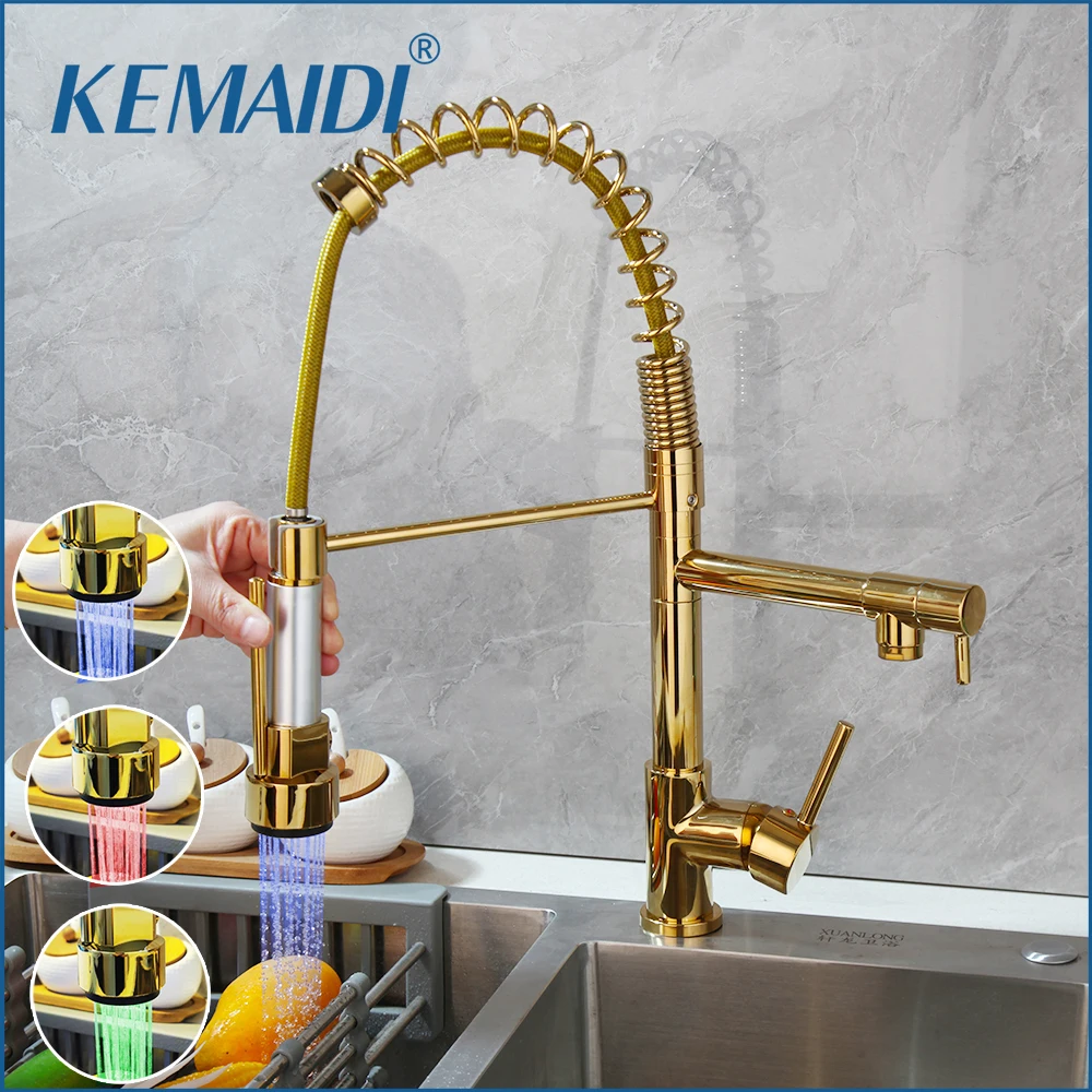 

KEMAIDI Solid Brass Golden Polish Kitchen Faucet 360 Swivel LED Faucets Washbasin Mixer Taps w/ 2 Function Pull Down Spray Head