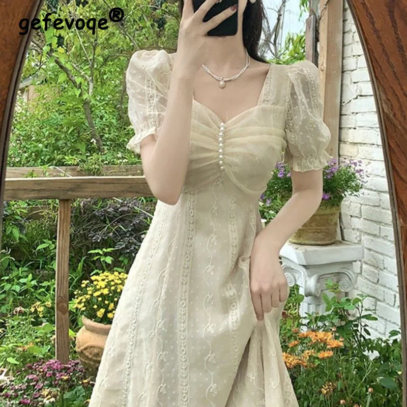 Vintage Mesh Embroidery Elegant Chic Fairy Sweet Midi Dress Women Summer Kawaii Princess Puff Sleeve Casual Party Dresses Robes
Vintage Mesh Embroidery Elegant Chic Fairy Sweet Midi Dress Women Summer Kawaii Princess Puff Sleeve Casual Party Dresses Robes