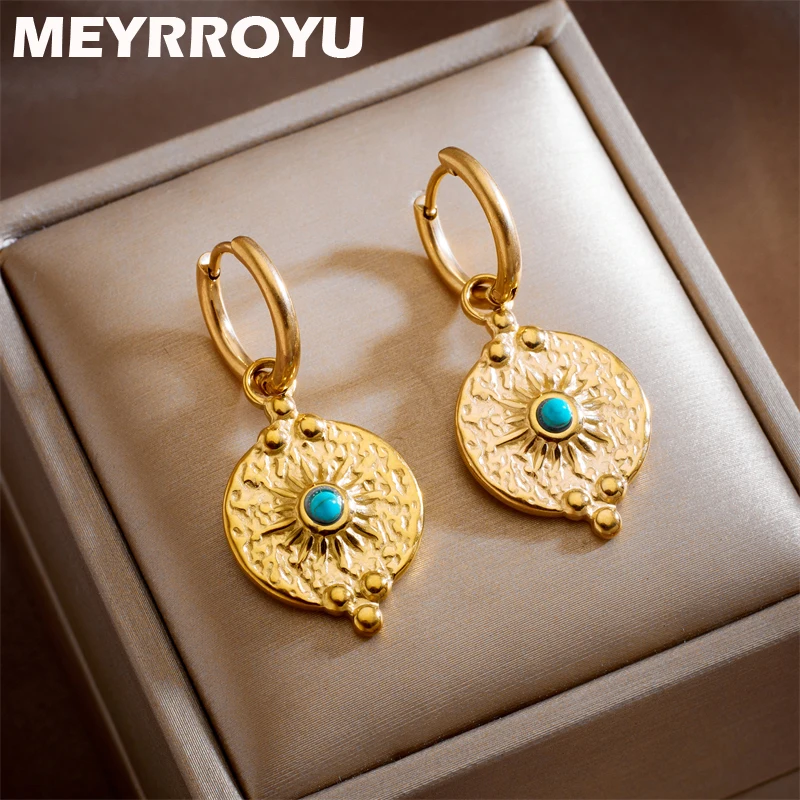 

MEYRROYU 316L Stainless Steel Metal Golden Geometry Blue Stone Hoop Earrings for Women Statement Jewelry Bijoux Aretes De Mujer