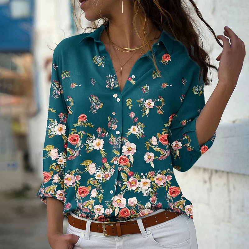 

2023 Casual Long Sleeve Vintage Print Shirt Women Loose Button Up Floral Blouse Women Fashion Turn Down Collar Tops Blusas 26269