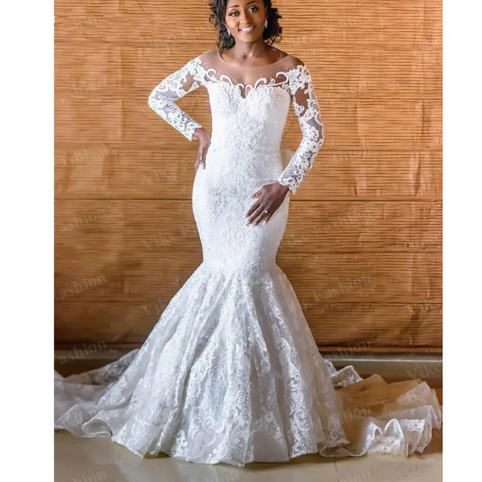 New Design African Mermaid Lace Beaded Wedding Dress Sweep Train Vestido De Noiva Black Girl Long Sleeve Bride Dres with Bow
New Design African Mermaid Lace Beaded Wedding Dress Sweep Train Vestido De Noiva Black Girl Long Sleeve Bride Dres with Bow