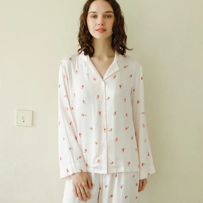 Spring Autumn Peach Print Viscose Women's Long Sleeve Pajama Sets Soft Comfortable Long Pants Nightwear Casual Loose Sleepwear
Spring Autumn Peach Print Viscose Women's Long Sleeve Pajama Sets Soft Comfortable Long Pants Nightwear Casual Loose Sleepwear
