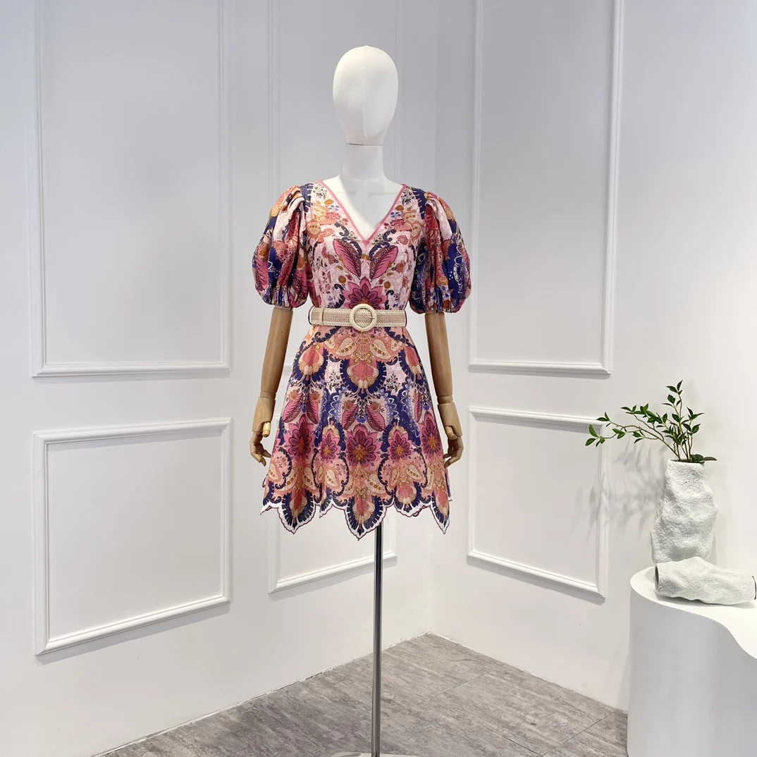 2023 Top Quality Hot Sale Pink Symmetrical Floral Printing Pure Linen Mini Dress with Weave Belt Women
2023 Top Quality Hot Sale Pink Symmetrical Floral Printing Pure Linen Mini Dress with Weave Belt Women