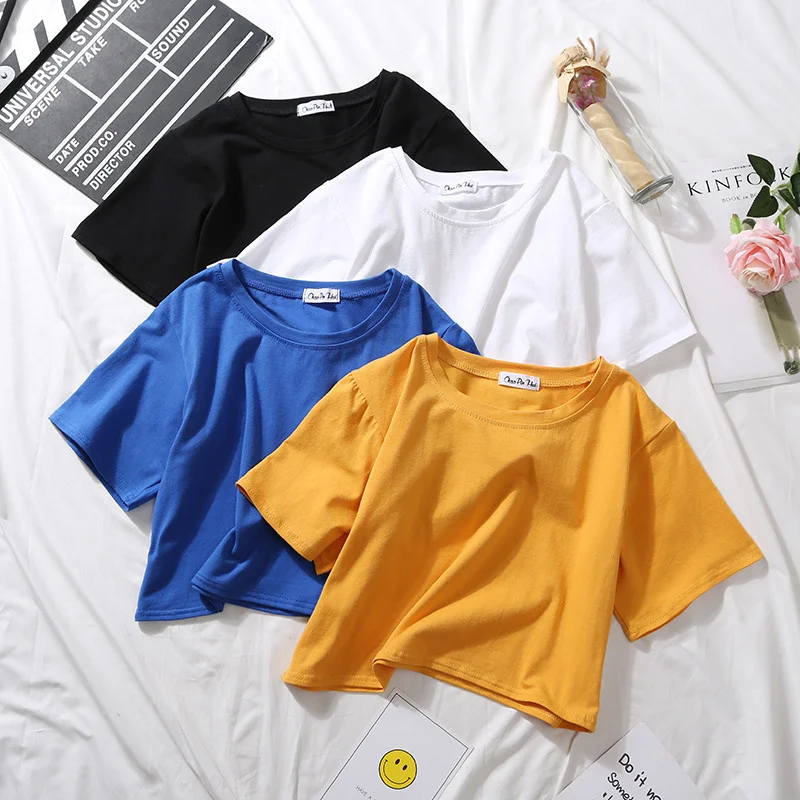 2022 Summer T Shirts Women Cotton Solid T-shirt O Neck High Waist Crop Top Short Sleeve Tee Female Casual Loose T Shirt
2022 Summer T Shirts Women Cotton Solid T-shirt O Neck High Waist Crop Top Short Sleeve Tee Female Casual Loose T Shirt