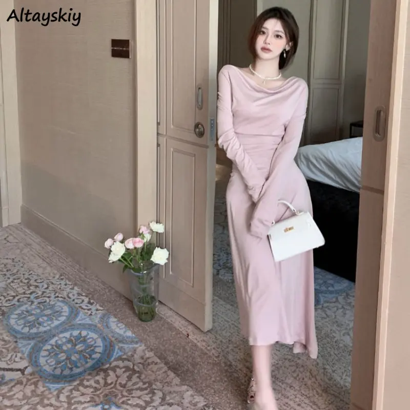 Dresses Women Solid Elegant High Quality Trendy Slash Neck Folds Abdomen Slim Hottie Temperament Autumn Midi Hotsweet Ins Chic
Dresses Women Solid Elegant High Quality Trendy Slash Neck Folds Abdomen Slim Hottie Temperament Autumn Midi Hotsweet Ins Chic